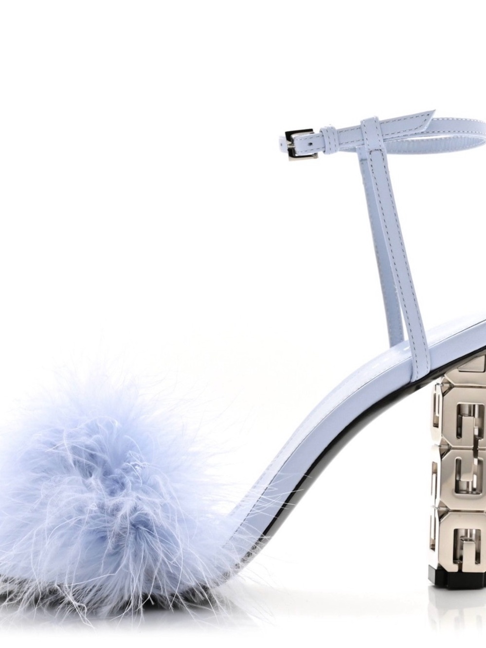 Givenchy Light Blue Feather Pom-Pom Ankle-Strap Sandal with Sculptural Heel
